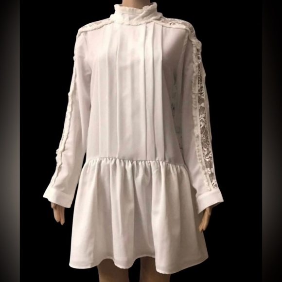Endless Rose Ivory Drop Waist Lace Fringe Long Sleeve Romantic Eyelet Mini Dress - Picture 1 of 8